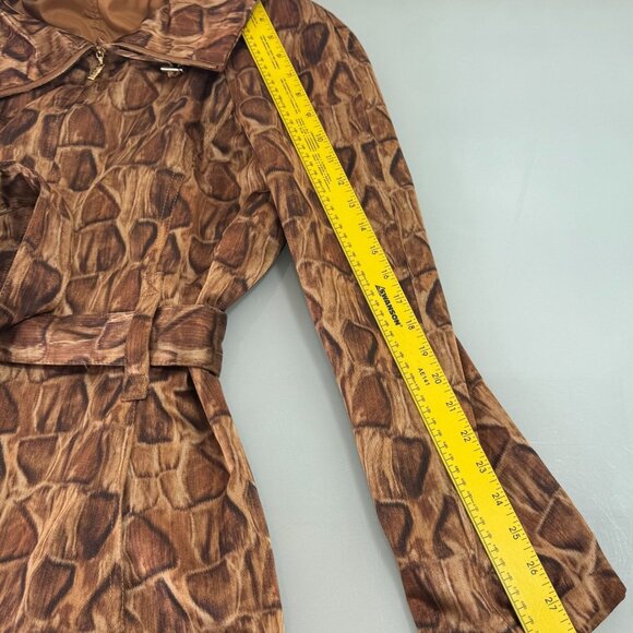 ST. JOHN Belted Trench Coat Jacket Womens Large L Satin Animal Print Full Zip - Picture 8 of 11